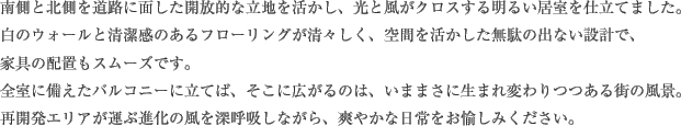 南側と北側を道路に面した開放的な立地を活かし、光と風がクロスする明るい居室を仕立てました。